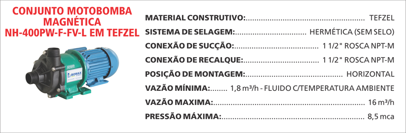 BombaMagneticaNH400PWFFVL Maximize a segurança e a eficiência com as bombas magnéticas Maxmag da Bomax. Ideal para líquidos corrosivos ou perigosos.